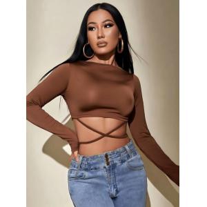Brown Round Neck Waist Tie Up Fitted Crop Top